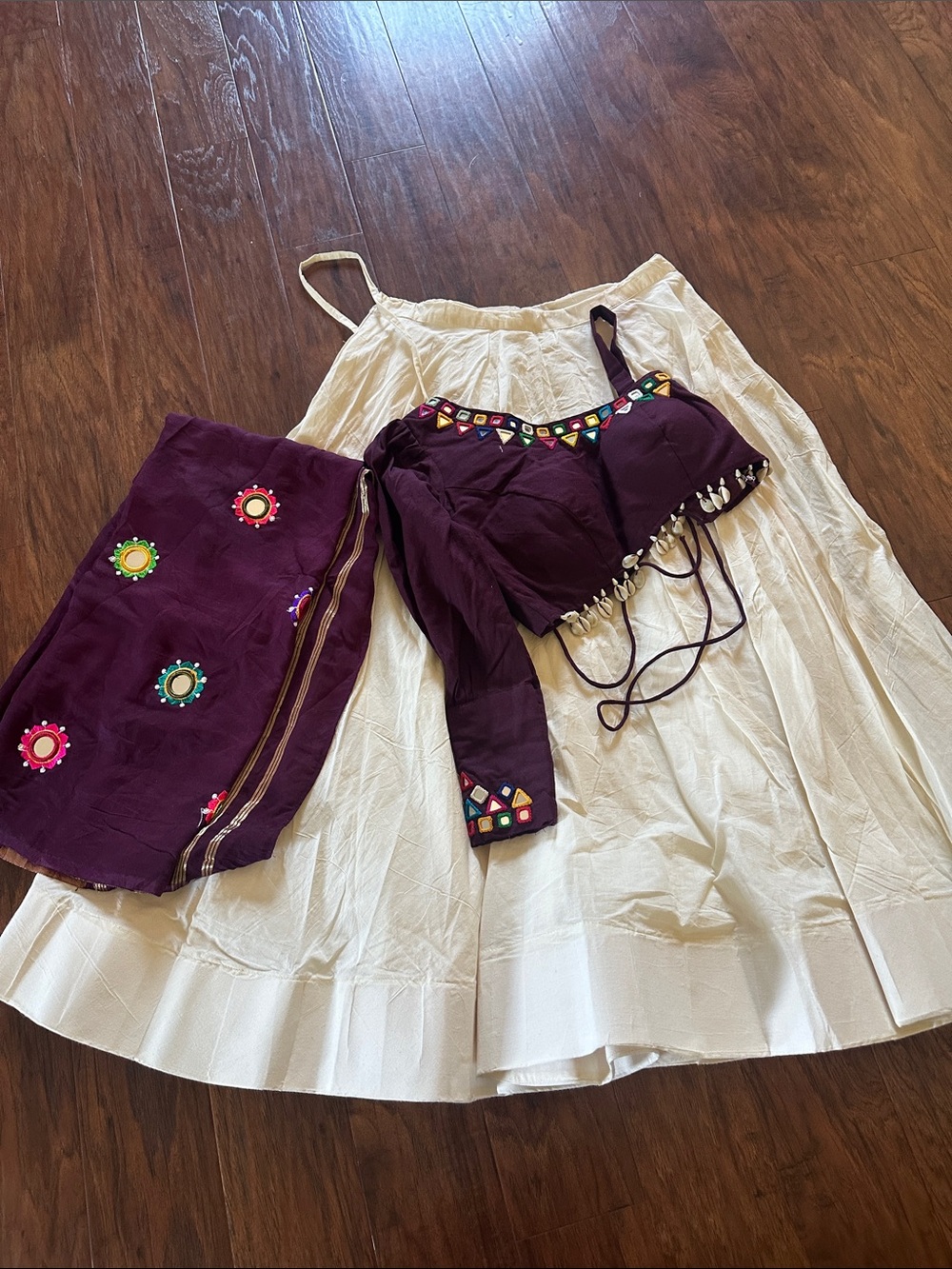 Brand new custom made White Maxi Skirt with Purple Embellished Top and Wrap